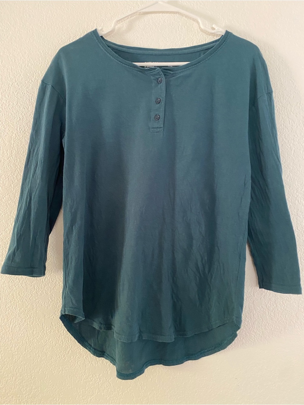 Pact Sustainable 100% Organic Cotton Curved Hem Henley Top Teal XS Quiet Luxury
